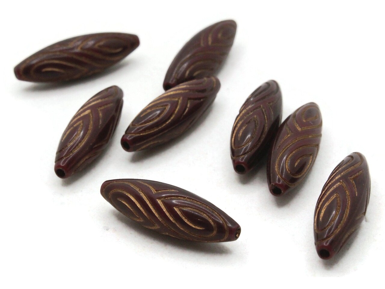 8 22mm Brown and Gold Patterned Vintage Plastic Tube Beads